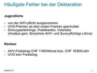 Seite 18
Häufigste Fehler bei der Deklaration
Jugendliche
- von der AHV-pflicht ausgenommen
- UVG-Prämien ab dem ersten Franken geschuldet
- Schnupperlehrlinge, Praktikanten, Volontäre
(Ansätze gem. Broschüre AHV- und Suva-pflichtige Löhne)
Rentner
- AHV-Freibetrag CHF 1'400/Monat bzw. CHF 16'800/Jahr
- UVG kein Freibetrag
 
