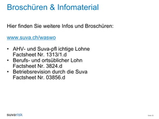 Seite 25
Broschüren & Infomaterial
Hier finden Sie weitere Infos und Broschüren:
www.suva.ch/waswo
• AHV- und Suva-pfl ichtige Lohne
Factsheet Nr. 1313/1.d
• Berufs- und ortsüblicher Lohn
Factsheet Nr. 3824.d
• Betriebsrevision durch die Suva
Factsheet Nr. 03856.d
 