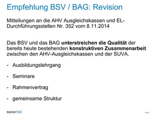 Seite 3
Empfehlung BSV / BAG: Revision
Mitteilungen an die AHV Ausgleichskassen und EL-
Durchführungsstellen Nr. 352 vom 8.11.2014
Das BSV und das BAG unterstreichen die Qualität der
bereits heute bestehenden konstruktiven Zusammenarbeit
zwischen den AHV-Ausgleichskassen und der SUVA.
- Ausbildungslehrgang
- Seminare
- Rahmenvertrag
- gemeinsame Struktur
 