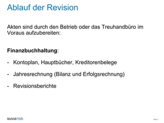 Seite 7
Ablauf der Revision
Akten sind durch den Betrieb oder das Treuhandbüro im
Voraus aufzubereiten:
Finanzbuchhaltung:
- Kontoplan, Hauptbücher, Kreditorenbelege
- Jahresrechnung (Bilanz und Erfolgsrechnung)
- Revisionsberichte
 