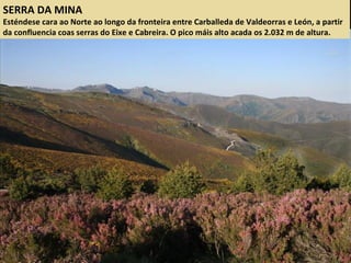 SERRA DA MINA
Esténdese cara ao Norte ao longo da fronteira entre Carballeda de Valdeorras e León, a partir
da confluencia coas serras do Eixe e Cabreira. O pico máis alto acada os 2.032 m de altura.
 