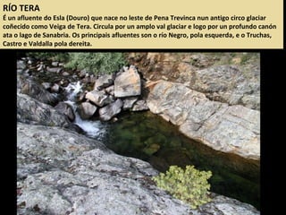 RÍO TERA
É un afluente do Esla (Douro) que nace no leste de Pena Trevinca nun antigo circo glaciar
coñecido como Veiga de Tera. Circula por un amplo val glaciar e logo por un profundo canón
ata o lago de Sanabria. Os principais afluentes son o río Negro, pola esquerda, e o Truchas,
Castro e Valdalla pola dereita.
 