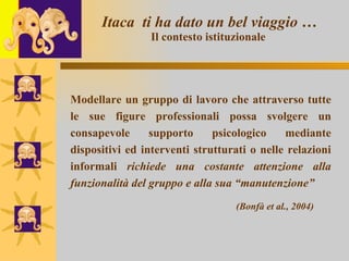 Itaca  ti ha dato un bel viaggio … Il contesto istituzionale   Modellare un gruppo di lavoro che attraverso tutte le sue figure professionali possa svolgere un consapevole supporto psicologico mediante dispositivi ed interventi strutturati o nelle relazioni informali   richiede una costante attenzione alla funzionalità del gruppo e alla sua “manutenzione”   (Bonfà et al., 2004) 