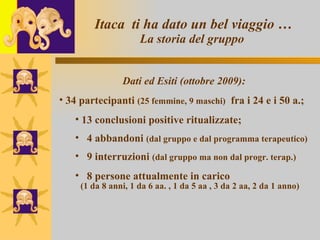 Itaca  ti ha dato un bel viaggio … La storia del gruppo Dati ed Esiti (ottobre 2009): 34 partecipanti  (25 femmine, 9 maschi)   fra i 24 e i 50 a.; 13 conclusioni positive ritualizzate; 4 abbandoni  (dal gruppo e dal programma terapeutico) 9 interruzioni  (dal gruppo ma non dal progr. terap.) 8 persone attualmente in carico  (1 da 8 anni, 1 da 6 aa. , 1 da 5 aa , 3 da 2 aa, 2 da 1 anno) 