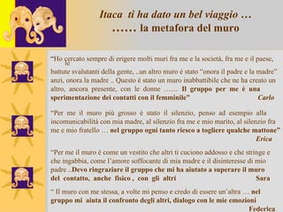 Itaca  ti ha dato un bel viaggio … ……  la metafora del muro “ Ho cercato sempre di erigere molti muri fra me e la società, fra me e il paese, le battute svalutanti della gente, ..un altro muro è stato “onora il padre e la madre” anzi, onora la madre .. Questo è stato un muro inabbattibile che ne ha creato un altro,  ancora  presente,  con  le  donne  ……  Il  gruppo  per  me  è  una  sperimentazione dei contatti con il femminile”     Carlo “ Per  me  il  muro  più  grosso  è  stato  il  silenzio,  penso  ad  esempio  alla  incomunicabilità con mia madre, al silenzio fra me e mio marito, al silenzio fra me e mio fratello …  nel gruppo ogni tanto riesco a togliere qualche mattone”     Erica “ Per me il muro è come un vestito che altri ti cuciono addosso e che stringe e  che ingabbia, come l’amore soffocante di mia madre e il disinteresse di mio  padre .. Devo ringraziare il gruppo che mi ha aiutato a superare il muro  del  contatto,  anche  fisico ,  con  gli  altri    Sara “  Il muro con me stessa, a volte mi penso e credo di essere un’altra …  nel  gruppo mi  aiuta il confronto degli altri, dialogo con le mie emozioni  Federica 