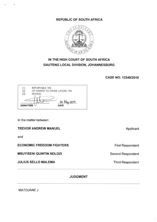 Trevor Manuel vs EFF two others defamation interdict judgment 