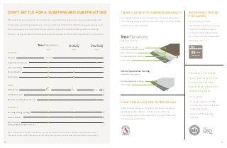 When planning your new deck, it’s important to ensure that its substructure can guarantee safety and
continued beauty through decades of outdoor conditions. Where other deck framing systems may seem
sturdy and supportive, only Elevations can stand the test of time without shifting, splitting, warping,
rotting or rusting. Review the following comparisons and see how Elevations rises above the competition.
Elevations is made
from materials that
are kinder to the
earth than pressure-
treated lumber.
» Chemical free
» Contains a minimum of 25%
recycled steel, which contributes
toward LEED points
» Steel is a 100% renewable
resource
Due to increased risk of corrosion, Trex Elevations®
may not be installed (1) within 3,000 ft. (914.4 m) of any body of salt water or
(2) under the surface or within the splash zone of any body of fresh water. Any such installations shall void the Trex Limited Warranty.
Warranty
Triple-coated steel
Designed for exterior use
Non-combustible
Termite proof
25-Year
Interior-Grade
Steel Framing
Pressure-Treated
Lumber Framing
Superior flatness
System solution
No rotting, warping, splitting
Aesthetics
Durability
Material cost
Installation manual
National code listing for exterior use
Value
(decking, railing, support posts, stairs etc.)
$ $$
Interior-Grade Steel Framing
Baked-on exterior high-
performance polyester coating
Baked-on prime coat
Hot-dipped galvanized coating
Carbon steel
Hot-dipped galvanized coating
Carbon steel
TRIPLE COATED FOR SUPERIOR DURABILITY
An unparalleled three layers of protection surround a carbon steel
core, ensuring each critical joist, beam and ledger connection holds
up to the elements for decades.
RIGOROUSLY TESTED
FOR SAFETY
As with all Trex products,
Elevations is engineered with every
detail in mind, held to industry-
leading standards and protected
by our 25-Year Limited Residential
Warranty to prove it.
LIMITED RESIDENTIAL
WARRANTY
DON'T SETTLE FOR A SUBSTANDARD SUBSTRUCTURE
CODE COMPLIANT FOR EXTERIOR USE
Unlike interior-grade steel competitors, Elevations is designed
specifically for the outdoors—in fact we’re the ONLY one
code-listed for exterior use, supported by the CCRR-0186 code
compliance research report.
4 5
Designed for exterior use
Intended for interior use only
 