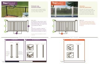 Here’s how:
Trex Select is a 3-step process. Choose
Trex post sleeves, caps and skirts (steps
1 & 2) and pair with a Select rail & baluster
kit (step 3).
Vinyl price,
composite performance
With singular top and bottom rails, square
balusters and a go-with-anything Classic White
color, Trex Select composite railing borrows
the conventional style and low price point of
traditional vinyl, without sacrificing durability.
RAIL & BALUSTER KIT
3
Square BalusterTop Rail
Bottom Rail
1
2a
2b
3
Select Components
AVAILABLE
COLOR
RAIL & BALUSTER KITS
Minimalist style,
maximum strength
Aluminum’s superior strength enables the
minimalist design of Trex Reveal, perfected
by a choice of three timeless colors.
Square BalusterRound BalusterTop Rail
Bottom Rail
TraditionalCrossover
The top rail is
installed between
traditional posts,
which include an
attached post cap.
The top rail is
installed on top
of crossover
posts to create
a continuous
graspable
handrail.
1
2a
2b
3
1+2
Reveal Component Options
AVAILABLE
COLORS
Here’s how:
Trex Reveal is a 3-step process. Choose
Reveal aluminum posts (which include a
cap* & skirt) for steps 1 & 2, and pair with
a rail & baluster kit (step 3).
OR
Choose Trex composite post sleeves,
caps and skirts for steps 1 & 2, and pair
with a Reveal rail & baluster kit (step 3).
* Crossover posts (pictured below) do not include
a post cap.
3
ALUMINUM POSTS
1+2
 