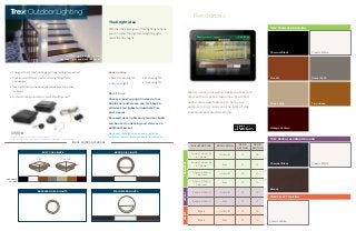 Vintage Lantern
Resources
Charcoal Black
Bronze
TREX REVEAL ALUMINUM RAILING
Fire Pit Gravel Path
Classic White
Tree HouseRope Swing
Charcoal Black
TREX TRANSCEND RAILING
TREX SELECT RAILING
Classic White
Want to give your railing designs a test run?
Start with our online resources. You’ll find
useful tools and features to help your
outdoor-living visions see the light of day.
Download and start dreaming.
The bright idea
With the dimmable glow of four lighting options,
you can create the right mood lighting right
under the moonlight.
Deck Lighting Options
AVAILABLE
COLORS
Here’s how:
Choose a post cap light instead of our
traditional post sleeve cap for Step 2a.
Add deck rail lights to illuminate Trex
post sleeves.
Recessed deck lights and stair riser lights
can be used on decking and stairs as an
additional accent.
» Energy-efficient Cree®
LEDs give off long-lasting illumination*
» Sophisticated fixtures create custom lighting effects
and designs
» Trex LightHub®
connection system makes set-up a snap
for DIYers
» Protected under warranty for years of outdoor use**
POST CAP LIGHTS
Flat Pyramid
DECK RAIL LIGHTS
RECESSED DECK LIGHTS STAIR RISER LIGHTS
BALUSTER TYPE APPLICATION
PER 6'
SECTION
PER 8'
SECTION
Square Composite
 Colonial
Horizontal 13 18
Square Composite
 Colonial
Stair 11 15
Square  Round
Aluminum
Horizontal 15 20
Square  Round
Aluminum
Stair 12 16
Square  Round Horizontal 15 20
Square  Round Stair 13 17
Square Horizontal 13 18
Square Stair 11 15
REVEALTRANSCENDSELECT
Classic White
Deck Lighting
» Recessed deck lights
» Stair riser lights
» Post cap lights
» Deck rail lights
*Cree®
is a registered trademark of Cree, Inc.
**For the terms of warranties on Trex®
Outdoor Lighting™, visit trex.com
deck lighting: Stair riser lights,
post cap lights and deck rail lights
Make easy installation even easier with the
helpful resource videos available on trex.com
 