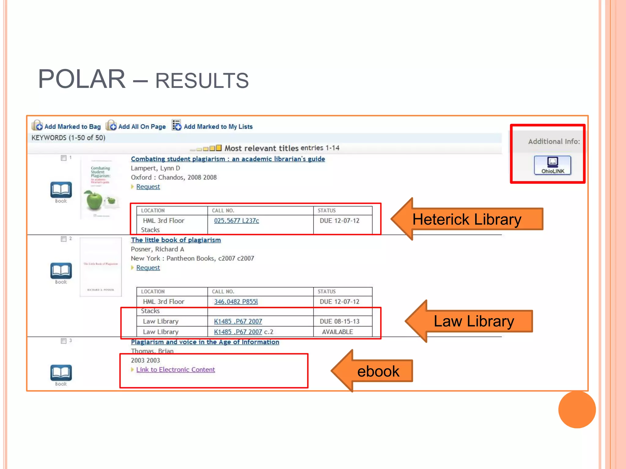 POLAR – RESULTS 
ebook 
Heterick Library 
Law Library 
 