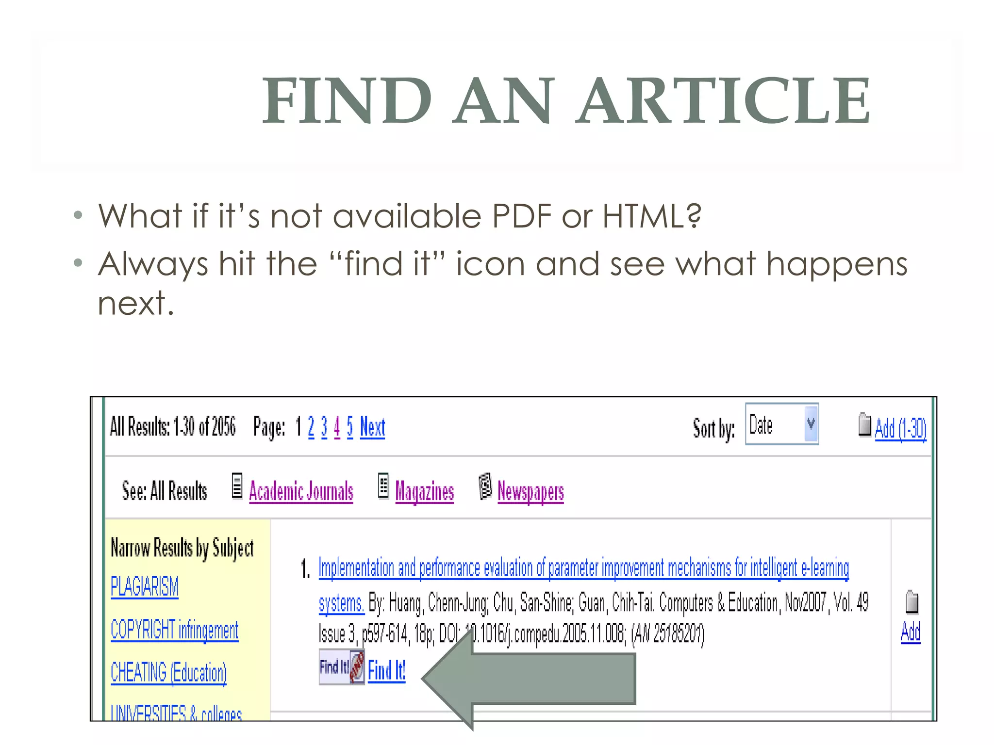 What if it’s not available PDF or HTML? Always hit the “find it” icon and see what happens next. FIND AN ARTICLE 