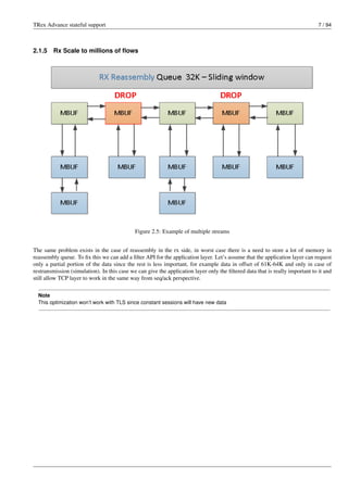 TRex Advance stateful support 7 / 94
2.1.5 Rx Scale to millions of flows
Figure 2.5: Example of multiple streams
The same problem exists in the case of reassembly in the rx side, in worst case there is a need to store a lot of memory in
reassembly queue. To fix this we can add a filter API for the application layer. Let’s assume that the application layer can request
only a partial portion of the data since the rest is less important, for example data in offset of 61K-64K and only in case of
restransmission (simulation). In this case we can give the application layer only the filtered data that is really important to it and
still allow TCP layer to work in the same way from seq/ack perspective.
Note
This optimization won’t work with TLS since constant sessions will have new data
 