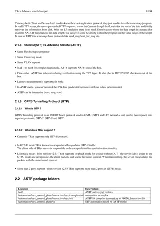 TRex Advance stateful support 9 / 94
This way both Client and Server don’t need to know the exact application protocol, they just need to have the same story/program.
In real HTTP server, the server parses the HTTP requeset, learns the Content-Length field, waits for the rest of the data and finally
retrieves the information from disk. With our L7 emulation there is no need. Even in cases where the data length is changed (for
example NAT/LB that changes the data length) we can give some flexibility within the program on the value range of the length
In case of UDP it is a message base protocols like send_msg/wait_for_msg etc.
2.1.8 Stateful(STF) vs Advance Stateful (ASTF)
• Same Flexible tuple generator
• Same Clustering mode
• Same VLAN support
• NAT - no need for complex learn mode. ASTF supports NAT64 out of the box.
• Flow order. ASTF has inherent ordering verification using the TCP layer. It also checks IP/TCP/UDP checksum out of the
box.
• Latency measurement is supported in both.
• In ASTF mode, you can’t control the IPG, less predictable (concurrent flows is less deterministic)
• ASTF can be interactive (start, stop, stats)
2.1.9 GPRS Tunnelling Protocol (GTP)
2.1.9.1 What is GTP ?
GPRS Tunneling protocol is an IP/UDP based protocol used in GSM, UMTS and LTE networks, and can be decomposed into
separate protocols, GTP-C, GTP-U and GTP’.
2.1.9.2 What does TRex support ?
• Currently TRex supports only GTP-U protocol.
• In GTP-U mode TRex knows to encapsulates/decapsulates GTP-U traffic.
The client side of TRex server is responsible to the encapsulation/decapsulation functionality.
• Loopback mode - from version v2.93 TRex supports loopback mode for testing without DUT - the server side is aware to the
GTPU mode and decapsulates the client packets, and learns the tunnel context. When transmitting, the server encapsulates the
packets with the same tunnel context.
• More than 2 ports support - from version v2.93 TRex supports more than 2 ports in GTPU mode.
2.2 ASTF package folders
Location Description
/astf ASTF native (py) profiles
/automation/trex_control_plane/interactive/trex/examples/astf automation examples
/automation/trex_control_plane/interactive/trex/astf ASTF lib compiler (convert py to JSON), Interactive lib
/automation/trex_control_plane/stf STF automation (used by ASTF mode)
 