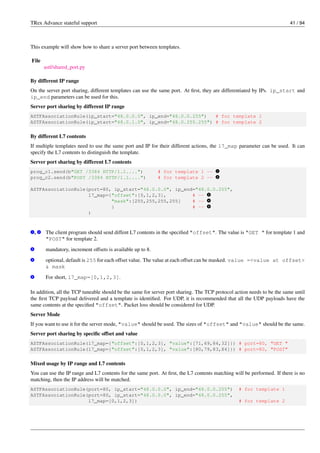 TRex Advance stateful support 41 / 94
This example will show how to share a server port between templates.
File
astf/shared_port.py
By different IP range
On the server port sharing, different templates can use the same port. At first, they are differentiated by IPs. ip_start and
ip_end parameters can be used for this.
Server port sharing by different IP range
ASTFAssociationRule(ip_start="48.0.0.0", ip_end="48.0.0.255") # for template 1
ASTFAssociationRule(ip_start="48.0.1.0", ip_end="48.0.255.255") # for template 2
By different L7 contents
If multiple templates need to use the same port and IP for their different actions, the l7_map parameter can be used. It can
specify the L7 contents to distinguish the template.
Server port sharing by different L7 contents
prog_c1.send(b"GET /3384 HTTP/1.1....") # for template 1 -- v
1
prog_c2.send(b"POST /3384 HTTP/1.1....") # for template 2 -- v
2
ASTFAssociationRule(port=80, ip_start="48.0.0.0", ip_end="48.0.0.255",
l7_map={"offset":[0,1,2,3], # -- v
3
"mask":[255,255,255,255] # -- v
4
} # -- v
5
)
v
1 , v
2 The client program should send diffent L7 contents in the specified "offset". The value is "GET " for template 1 and
"POST" for template 2.
v
3 mandatory, increment offsets is available up to 8.
v
4 optional, default is 255 for each offset value. The value at each offset can be masked. value =<value at offset>
& mask
v
5 For short, l7_map=[0,1,2,3].
In addition, all the TCP tuneable should be the same for server port sharing. The TCP protocol action needs to be the same until
the first TCP payload delivered and a template is identified. For UDP, it is recommended that all the UDP payloads have the
same contents at the specified "offset". Packet loss should be considered for UDP.
Server Mode
If you want to use it for the server mode, "value" should be used. The sizes of "offset" and "value" should be the same.
Server port sharing by specific offset and value
ASTFAssociationRule(l7_map={"offset":[0,1,2,3], "value":[71,69,84,32]}) # port=80, "GET "
ASTFAssociationRule(l7_map={"offset":[0,1,2,3], "value":[80,79,83,84]}) # port=80, "POST"
Mixed usage by IP range and L7 contents
You can use the IP range and L7 contents for the same port. At first, the L7 contents matching will be performed. If there is no
matching, then the IP address will be matched.
ASTFAssociationRule(port=80, ip_start="48.0.0.0", ip_end="48.0.0.255") # for template 1
ASTFAssociationRule(port=80, ip_start="48.0.0.0", ip_end="48.0.0.255",
l7_map=[0,1,2,3]) # for template 2
 