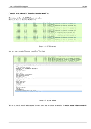 TRex Advance stateful support 49 / 94
Capturing of the traffic after the update command with IPv4:
Here we can see that indeed GTPU header was added.
(Wireshark shows us the inner IP addresses)
Figure 2.10: GTPU packets
And here is an example of the outer packet from Wireshark.
Figure 2.11: GTPU header
We can see that the outer IP addresses and the outer source port are the one we set using the update_tunnel_client_record API
 