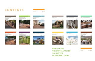 NEXT-LEVEL
THINKING APPLIED
TO BETTER
OUTDOOR LIVING
contents
TREX®
OUTDOOR LIGHTING™
22-23
TREX®
OUTDOOR
FURNITURE™
29
TREX®
FASCIA
26
WELCOME
TO TREX 6-9
RESOURCES
& SPECS 32-43
TREX TRANSCEND®
DECKING & RAILING
SYSTEM 12-15
TREX ENHANCE®
DECKING
16-17
TREX ELEVATIONS®
STEEL DECK
FRAMING 10-11
TREX SELECT®
DECKING & RAILING
SYSTEM 18-19
TREX REVEAL®
ALUMINUM RAILING
& ALUMINUM GATES 20-21
TREX®
SPIRAL STAIRS™
27
TREX®
OUTDOOR STORAGE™
28
30
TREX®
PERGOLA™ TREX®
RAINESCAPE®
DECK DRAINAGE
SYSTEM 31
BETTERBEST
GOOD
 