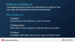 The Three C’s
Content:
Keywords and other features in your documents
Collaboration:
How other’s have chosen to interact with your system
Context:
Available information about your users and their intent
Reflected Intelligence
“Leveraging previous data and interactions to improve how
new data and interactions should be interpreted”
Southern Data Science
 