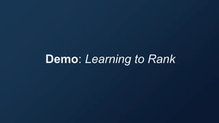 #1: Pull, Build, Start Solr
git clone https://github.com/apache/lucene-solr.git && cd lucene-solr/solr
ant server
bin/solr -e techproducts -Dsolr.ltr.enabled=true
#2: Run Searches
http://localhost:8983/solr/techproducts/browse?q=ipod
#3: Supply User Relevancy Judgements
cd contrib/ltr/example/
nano user_queries.txt
#4: Install Training Library
curl -L https://github.com/cjlin1/liblinear/archive/v210.zip > liblinear-2.1.tar.gz
tar -xf liblinear-2.1.tar.gz && mv liblinear-210 liblinear
cd liblinear && make && cd ../
#5: Train and Upload Model
./train_and_upload_demo_model.py -c config.json
#6: Re-run Searches using Machine-learned Ranking Model
http://localhost:8983/solr/techproducts/browse?q=ipod
&rq={!ltr model=exampleModel reRankDocs=25 efi.user_query=$q}
 