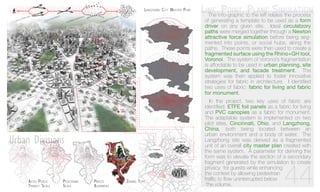 44
The info-graphic to the left relates the process
of generating a template to be used as a form
driver on any given site. Ideal circulatzory
paths were merged together through a Newton
attractive force simulation before being seg-
mented into points, or social hubs, along the
paths. These points were then used to create a
fragmented surface using the Rhino+GH tool,
Voronoi. The system of Voronoi’s fragmentation
is affordable to be used in urban planning, site
development, and facade treatment. The
system was then applied to foster innovative
strategies for fabric in architecture. I identified
two uses of fabric: fabric for living and fabric
for monument.
In the project, two key uses of fabric are
identified: ETFE foil panels as a fabric for living
and PVC canopies as a fabric for monument.
The adaptable system is implemented on two
pilot sites, Cincinnati, Ohio, and Langzhong,
China, both being located between an
urban environment and a body of water. The
Langzhong site was derived as a fragmented
unit of an overall city master plan created with
the same system. A parameter for deriving the
form was to elevate the section of a secondary
fragment generated by the simulation to create
privacy for guests while enhancing
the context by allowing pedestrian
traffic to flow uninterrupted below
the volume.
Langzhong City Master Plan
Zoning TypeParcel
Alignment
Pedesrian
Scale
Auto/Public
Transit Scale
Line, Point, Plane Simulation
Urban Divisions
 