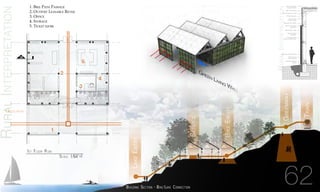 1A
Circulation
2
3
4
5
1
1. Bike Path Passage
2. Outpost Leasable Retail
3. Office
4. Storage
5. Ticket kiosk
1st Floor Plan
Scale: 1/64”=1’
RuralInterpretation Photovoltaic Solar
Collector Panel
Mtl. Roof Coping
Precast Concrete Truss
4” Rigid Insulation
Hollow Core
Concrete Plank
Embedding Steel Angle
Bolted Steel Angle
Connector
Insulated Mtl. Panel
Green Ventilated
Living Wall
1’ Thickness Depth
Precast Concrete Unit
6” Floating Concrete Slab
Steel Plate w/
Leveling Bolts
Vegetation Drainage
Landing
RuralInterpretation
62Building Section - Bike/Lake Connection
 