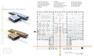 1B
Circulation
1
2
3
4
5 6
Environmental Responses
63 1st Floor Plan
Scale: 1/64”=1’
1. Bus Waiting Area
2. Leasable Retail Space
3. Leasable Retail Space
4. Kitchen/Storage
5. Office
11. Outdoor Terrace
12. Information Kiosk
13. Train Platform
14. Bus Drop-Off
6. Office
7. Train Waiting Area
8.Ticketing Kiosk
9. Administration Offices
10. Leaseable Space
UrbanInterpretation
 