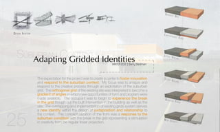 WINTER2012 | BarryStedman
The expectation for the project was to create a center to foster innovation
and respond to the suburban context. My focus was to analyze and
respond to the creative process through an exploitation of the suburban
grid. The orthogonal grid of the existing site was interpreted to become a
gradient of angles in which new opportunities of form and program were
made available. The occupant was to begin to experience the break
in the grid though out the built intervention in the building as well as the
site. The overlapping and implementation of existing grids system derives
a new identity within the design of juxtaposition and relationship to
the context. The conceptualization of the from was a response to the
suburban condition with the break in the grid representing a stimulation
in creativity from the regular linear projection.
Design Ideation
25
Suburban Context
Adapting Gridded Identities
Cantilevered Edge
Lifted Volume
Tilted Volume
Adapted Form
Gridded Box
New Identity
 