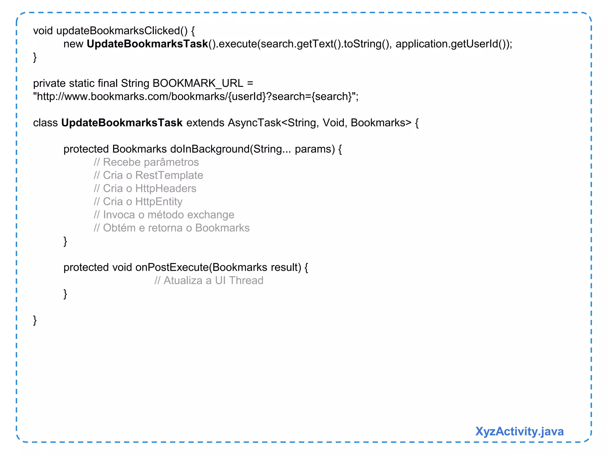void updateBookmarksClicked() { 
new UpdateBookmarksTask().execute(search.getText().toString(), application.getUserId()); 
} 
private static final String BOOKMARK_URL = 
"http://www.bookmarks.com/bookmarks/{userId}?search={search}"; 
class UpdateBookmarksTask extends AsyncTask<String, Void, Bookmarks> { 
protected Bookmarks doInBackground(String... params) { 
// Recebe parâmetros 
// Cria o RestTemplate 
// Cria o HttpHeaders 
// Cria o HttpEntity 
// Invoca o método exchange 
// Obtém e retorna o Bookmarks 
} 
protected void onPostExecute(Bookmarks result) { 
// Atualiza a UI Thread 
} 
} 
XyzActivity.java 
 