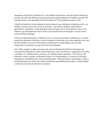 inauguração da Poli-Nutri Alimentos S.A, uma indústria importante no ramo de nutrição animal, que
já conta com outras três fábricas no país,investimento de aproximadamente 20 milhões, gerando 150
empregos diretos, com capacidade inicial de produção de 5 mil toneladas de rações ao mês.

A história demonstrou o acerto daqueles primeiros pioneiros que acreditaram e apostaram todo o seu
trabalho e recursos nesses dois setores da economia – agricultura e indústria, especialmente a
agroindústria. Atualmente, as duas principais fontes de riqueza são os 365 produtores rurais e as 46
indústrias, que respondem por mais de 58 por cento da renda bruta do município e cerca de 56 por
cento da oferta de empregos.

O fluxo de matéria-prima para as indústrias locais e a remessa dos produtos acabados para o mercado
consumidor alimentou e fortaleceu o setor de transporte no município, que conta atualmente com cerca
de 560 caminhões. Esse setor recebe ainda a contribuição dos transportadores que não estão
estabelecidos no município, mas que tem fretes nele originados.

Treze Tílias, segundo os dados fornecidos pelo setor de tributação da Prefeitura Municipal e da
Associação dos Municípios do Meio Oeste Catarinense, conta com 29 bares e restaurantes, nove hotéis
e pousadas, 131 estabelecimentos comerciais, 46 estabelecimentos industriais, 77 de serviços, 106
autônomos, artistas, artesãos e profissionais liberais e 83 transportadoras. A economia local recebe
mensalmente a contribuição dos valores percebidos pelos 1 004 pensionistas e aposentados, e ainda, o
resultado financeiro do esforço dos muitos trezetilienses quetrabalham fora do país. A cidade também
é conhecida como pólo de artesanato em madeira.
 