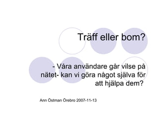 Träff eller bom? - Våra användare går vilse på nätet- kan vi göra något själva för att hjälpa dem?  Ann Östman Örebro 2007-11-13 