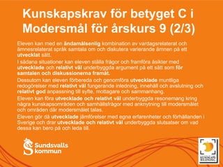 Kunskapskrav för betyget C i
Modersmål för årskurs 9 (2/3)
Eleven kan med en ändamålsenlig kombination av vardagsrelaterat och
ämnesrelaterat språk samtala om och diskutera varierande ämnen på ett
utvecklat sätt.
I sådana situationer kan eleven ställa frågor och framföra åsikter med
utvecklade och relativt väl underbyggda argument på ett sätt som för
samtalen och diskussionerna framåt.
Dessutom kan eleven förbereda och genomföra utvecklade muntliga
redogörelser med relativt väl fungerande inledning, innehåll och avslutning och
relativt god anpassning till syfte, mottagare och sammanhang.
Eleven kan föra utvecklade och relativt väl underbyggda resonemang kring
några kunskapsområden och samhällsfrågor med anknytning till modersmålet
och områden där modersmålet talas.
Eleven gör då utvecklade jämförelser med egna erfarenheter och förhållanden i
Sverige och drar utvecklade och relativt väl underbyggda slutsatser om vad
dessa kan bero på och leda till.
 