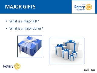 District 2451
• What is a major gift?
• What is a major donor?
MAJOR GIFTS
 
