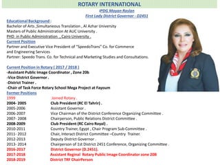 ROTARY INTERNATIONAL
IPDG Mayan Raslan
First Lady District Governor - D2451
Educational Background :
Bachelor of Arts ,Simultaneous Translation , Al Azhar University
Masters of Public Administration At AUC University .
PHD in Public Administration , Cairo University .
Current Position
Partner and Executive Vice President of “SpeedoTrans” Co. for Commerce
and Engineering Services
Partner: Speedo Trans. Co. for Technical and Marketing Studies and Consultations.
Current Position in Rotary ( 2017 / 2018 )
-Assistant Public Image Coordinator , Zone 20b
-Vice District Governor .
-District Trainer .
-Chair of Task Force Rotary School Mega Project at Fayoum
Former Positions
1999 Joined Rotary .
2004- 2005 Club President (RC El Tahrir) .
2005-2006 Assistant Governor .
2006-2007 Vice Chairman of the District Conference Organizing Committee .
2007- 2008 Chairperson, Public Relations District Committee .
2008-2009 Club President (RC Cairo Royal) .
2010-2011 Country Trainer, Egypt , Chair Program Sub Committee .
2011- 2012 Chair, Interact District Committee –Country Trainer.
2012-2013 Deputy District Governor .
2013- 2014 Chairperson of 1st District 2451 Conference, Organizing Committee .
2016-2017 District Governor (D.2451).
2017-2018 Assistant Reginal Rotary Public Image Coordinator zone 20B
2018-2019 District TRF ChairPerson
 
