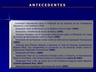 A N T E C E D E N T E S Convención Internacional sobre la Protección de los Derechos de los Trabajadores Migratorios y sus Familiares (1990) Declaración sobre la Eliminación de la Violencia contra la Mujer ( 1993 ) Declaración y Plataforma de Acción de Beijing ( 1995 ) Protocolo Facultativo de la Convención Internacional sobre la Eliminación de Todas las Formas de Discriminación contra la Mujer ( 1999 ) Convención de las Naciones Unidas Contra la Delincuencia Organizada Transnacional ( 2000 )  Protocolo para Prevenir, Reprimir y Sancionar la Trata de Personas, Especialmente Mujeres Niños, que complementa la Convención de las Naciones Unidas Contra la Delincuencia Organizada Transnacional ( 2000 ) Declaración del Milenio ( 2000 ) Declaración Final de la Conferencia Mundial contra el Racismo, la Discriminación Racial, la Xenofobia, y las Formas Conexas de Intolerancias ( enero de 2002 ) Declaración Final y Plan de Acción de la VIII Conferencia Regional sobre Migración ( Cancún Quintana Roo, 2003 ) Declaración de Copenhague sobre Desarrollo Social ( 2005 ) 
