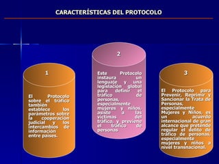CARACTERÍSTICAS DEL PROTOCOLO  El Protocolo sobre el tráfico también establece los parámetros sobre la cooperación judicial y los intercambios de información entre países. 1 Este Protocolo instaura un lenguaje y una legislación global para definir el tráfico de personas, especialmente mujeres y niños, asiste a las víctimas del tráfico, y previene el tráfico de personas 2 El Protocolo para Prevenir, Reprimir y Sancionar la Trata de Personas, especialmente Mujeres y Niños, es un acuerdo internacional de gran alcance que pretende regular el delito de tráfico de personas, especialmente mujeres y niños a nivel transnacional. 3 