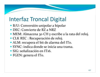 No se puede mostrar la imagen en este momento.




                                                 Interfaz Troncal Digital
                                                  B/U: Conversión unipolar a bipolar
                                                  DEC: Convierte de RZ a NRZ
                                                  MEM: Almacena 30 CH y escribe a la rata del reloj.
                                                  CLK REC : Recuperación de reloj.
                                                  ALM: recupera el bit de alarma del IT0.
                                                  SYNC: indica donde se inicia una trama.
                                                  SIG: señalización en IT16.
                                                  FGEN: genera el IT0.



                                                                                                   437
 