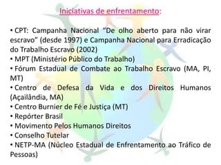 Iniciativas de enfrentamento:
• CPT: Campanha Nacional “De olho aberto para não virar
escravo” (desde 1997) e Campanha Nacional para Erradicação
do Trabalho Escravo (2002)
• MPT (Ministério Público do Trabalho)
• Fórum Estadual de Combate ao Trabalho Escravo (MA, PI,
MT)
• Centro de Defesa da Vida e dos Direitos Humanos
(Açailândia, MA)
• Centro Burnier de Fé e Justiça (MT)
• Repórter Brasil
• Movimento Pelos Humanos Direitos
• Conselho Tutelar
• NETP-MA (Núcleo Estadual de Enfrentamento ao Tráfico de
Pessoas)
 