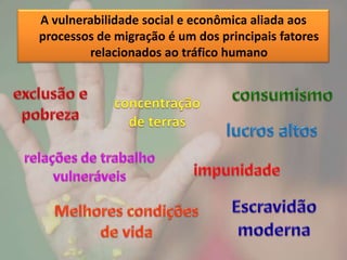 A vulnerabilidade social e econômica aliada aos
processos de migração é um dos principais fatores
relacionados ao tráfico humano
 