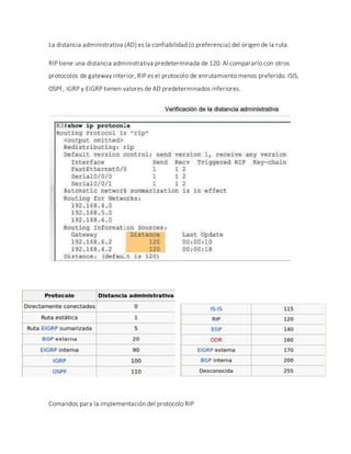 La distancia administrativa (AD) es la confiabilidad (o preferencia) del origen de la ruta.
RIP tiene una distancia administrativa predeterminada de 120. Al compararlo con otros
protocolos de gateway interior, RIP es el protocolo de enrutamiento menos preferido. ISIS,
OSPF, IGRP y EIGRP tienen valores de AD predeterminados inferiores.
Comandos para la implementación del protocolo RIP
 