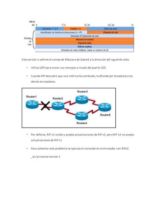 Esta versión si admite el campo de Máscara de Subred y la dirección del siguiente salto
 Utiliza UDP para enviar sus mensajes a través del puerto 520.
 Cuando RIP descubre que una métrica ha cambiado, la difunde por broadcast a los
demás enrutadores.
 Por defecto, RIP v1 recibe y acepta actualizaciones de RIP v2, pero RIP v2 no acepta
actualizaciones de RIP v1.
 Para solventar este problema se ejecuta el comando en el enrutador con RIPv2:
_ip rip receive version 1
 
