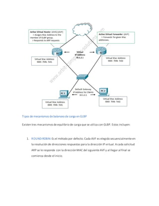 Tipos de mecanismos de balanceo de carga en GLBP
Existen tres mecanismos de equilibrio de carga que se utiliza con GLBP. Estos incluyen:
1. ROUND-ROBIN: Es el método por defecto. Cada AVF es elegido secuencialmente en
la resolución de direcciones respuestas para la dirección IP virtual. A cada solicitud
ARP se le responde con la dirección MAC del siguiente AVF y al llegar al final se
comienza desde el inicio.
 