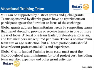 District 2451
VTT can be supported by district grants and global grants.
Teams sponsored by district grants have no restrictions on
participant age or the duration or focus of the exchange.
Global grants address humanitarian needs by supporting teams
that travel abroad to provide or receive training in one or more
areas of focus. At least one team leader, preferably a Rotarian,
and two members are required per team. There is no maximum
team size or age restriction, but all team participants should
have relevant professional skills and experience.
Global Grants funded Training team costs must meet the
$30,000 global grant minimum for total project cost, including
team member expenses and other grant activities.
Vocational Training Team
 