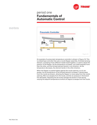 TRG-TRC017-EN 15
notes
period one
Fundamentals of
Automatic Control
An example of a pneumatic temperature controller is shown in Figure 19. This
is a bleed-type controller that uses a nozzle-flapper assembly. A bimetal sensing
element, consisting of two different metals fused together, is used to adjust the
position of the flapper. As the temperature increases, one metal expands more
than the other, and the bimetal element bends in one direction. As the
temperature decreases, the element bends in the other direction.
When the flapper is pushed tightly against the nozzle opening, no air can
escape. As the temperature of the bimetal element increases, it bends away
from the nozzle (as shown), allowing the flapper to move away from the nozzle
opening. More air escapes from the nozzle, and the air pressure in the branch
line decreases. Adjusting the set screw changes the tension of the spring,
varying the setpoint temperature at which air begins to escape from the nozzle.
Pneumatic Controller
orificeorificemainmain
lineline
branchbranch
lineline
flapperflapper
setset
screwscrew
bimetalbimetal
elementelement
nozzlenozzle
Figure 19
 