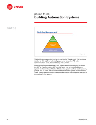 48 TRG-TRC017-EN
notes
period three
Building Automation Systems
The building-management level is the top level of the pyramid. The hardware
needed for this top level is typically a personal computer (PC) with
communications ports, a color display, and a printer.
Many buildings include several HVAC system-level controllers. For example,
the VAV air handler and the VAV terminal units may be controlled by one
system-level controller, while the chilled-water system (chillers, cooling towers,
pumps, and so forth) may be controlled by a separate system-level controller.
These system-level controllers may include a display that allows the operator to
access data in the system.
Building Management
unitunit--level controllevel control
systemsystem--levellevel
controlcontrol
buildingbuilding
managementmanagement
Figure 56
 