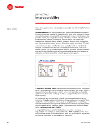 60 TRG-TRC017-EN
notes
period four
Interoperability
these other systems. They may also be more reliable due to less “traffic” on the
network.
Shared networks, on the other hand, take advantage of an existing network
infrastructure that is installed in the building for some other purpose. A shared
network allows each connected PC to have a single network-interface card that
provides access, not only to the building automation system, but also to other
functions of the network such as print servers, shared files, and e-mail.
Installing the BAS on a shared network, however, requires close cooperation
with the owner’s information services (IS) or information technology (IT) staff.
A shared network does not offer the same level of security as a dedicated
network. Shared networks that are accessed by multiple users, such as on a
college campus, can be prone to internal security problems. Security, installed
cost, and system flexibility must all be considered when deciding between a
dedicated or shared network for a building automation system.
A local area network (LAN) is a communications network that is intended to
serve a relatively small area, typically up to approximately one square mile (2.5
square kilometers). Because the network serves only a small area, it can be
optimized to allow faster exchange of data. A LAN generally works well for a
single building.
By connecting two or more LANs together, this distance limitation can be
overcome. A router is a device that transmits signals between networks. When
used with a communications service, such as telephone lines or satellites, a
network can be expanded to provide data communications across a city, state,
country, or even across the entire planet. This connection of multiple LANs is
called a wide area network (WAN).
A single WAN can connect all of the facilities owned by a company or
organization. For example, in a school district, a WAN might be used to allow
the students to access shared applications, send and receive e-mail, and access
the Internet, regardless of their location in the district.
LAN Versus WAN
routerrouterrouterrouter
building Abuilding A building Bbuilding B
Figure 69
 