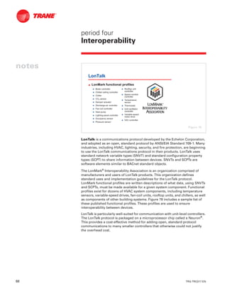 68 TRG-TRC017-EN
notes
period four
Interoperability
LonTalk is a communications protocol developed by the Echelon Corporation,
and adopted as an open, standard protocol by ANSI/EIA Standard 709-1. Many
industries, including HVAC, lighting, security, and fire protection, are beginning
to use the LonTalk communications protocol in their products. LonTalk uses
standard network variable types (SNVT) and standard configuration property
types (SCPT) to share information between devices. SNVTs and SCPTs are
software elements similar to BACnet standard objects.
The LonMark®
Interoperability Association is an organization comprised of
manufacturers and users of LonTalk products. This organization defines
standard uses and implementation guidelines for the LonTalk protocol.
LonMark functional profiles are written descriptions of what data, using SNVTs
and SCPTs, must be made available for a given system component. Functional
profiles exist for dozens of HVAC system components, including temperature
sensors, variable-speed drives, fan-coil units, rooftop units, and chillers, as well
as components of other building systems. Figure 78 includes a sample list of
these published functional profiles. These profiles are used to ensure
interoperability between devices.
LonTalk is particularly well-suited for communication with unit-level controllers.
The LonTalk protocol is packaged on a microprocessor chip called a Neuron®
.
This provides a cost-effective method for adding open, standard protocol
communications to many smaller controllers that otherwise could not justify
the overhead cost.
LonTalk
L LonMark functional profiles
N Boiler controller
N Chilled ceiling controller
N Chiller
N CO2 sensor
N Damper actuator
N Discharge-air controller
N Fan-coil controller
N Heat pump
N Lighting-panel controller
N Occupancy sensor
N Pressure sensor
N Rooftop unit
controller
N Space-comfort
controller
N Temperature
sensor
N Thermostat
N Unit-ventilator
controller
N Variable-speed
motor drive
N VAV controller
Figure 78
 
