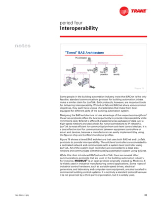 TRG-TRC017-EN 69
period four
Interoperability
notes
Some people in the building-automation industry insist that BACnet is the only
feasible, standard communications protocol for building automation; others
make a similar claim for LonTalk. Both protocols, however, are important tools
for delivering interoperability. While LonTalk and BACnet share some common
objectives, they each have unique characteristics that make them best-
equipped for different parts of the building automation system.
Designing the BAS architecture to take advantage of the respective strengths of
these two protocols offers the best opportunity to provide interoperability while
minimizing cost. BACnet is efficient at passing large packages of data over a
high-speed network and also allows for native connections to IP networks.
LonTalk is most efficient for communication from unit-level control devices. It is
a cost-effective tool for communication between equipment controllers or
smart end devices, because a manufacturer can easily implement it by using
the Neuron chip and LonMark functional profiles.
Figure 79 shows a tiered BAS architecture that uses both BACnet and LonTalk
protocols to provide interoperability. The unit-level controllers are connected to
a dedicated network and communicate with a system-level controller using
LonTalk. All of the system-level controllers are connected to a local area
network and communicate with the building automation system using BACnet.
While this clinic introduced BACnet and LonTalk, there are several other
communications protocols that are used in the building automation industry.
For instance, MODBUS®
is an open protocol originally created by Modicon. It
is widely used in industrial manufacturing control applications. Some types of
industrial control hardware, such as variable-speed drives, electrical
generators, and laboratory and computer-room equipment, are also installed in
commercial building-control systems. It is not truly a standard protocol because
it is not governed by a third-party organization, but it is widely used.
"Tiered" BAS Architecture
HVACHVAC lightinglighting
firefire
protectionprotection securitysecurity
PC workstationPC workstation
LonTalk protocolLonTalk protocol
BACnetBACnet protocolprotocol
Figure 79
 