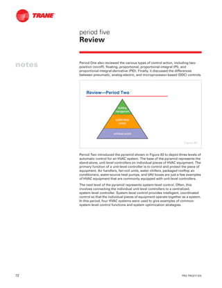 72 TRG-TRC017-EN
notes
period five
Review
Period One also reviewed the various types of control action, including two-
position (on/off), floating, proportional, proportional-integral (PI), and
proportional-integral-derivative (PID). Finally, it discussed the differences
between pneumatic, analog-electric, and microprocessor-based (DDC) controls.
Period Two introduced the pyramid shown in Figure 83 to depict three levels of
automatic control for an HVAC system. The base of the pyramid represents the
stand-alone, unit-level controllers on individual pieces of HVAC equipment. The
primary function of a unit-level controller is to control and protect the piece of
equipment. Air handlers, fan-coil units, water chillers, packaged rooftop air
conditioners, water-source heat pumps, and VAV boxes are just a few examples
of HVAC equipment that are commonly equipped with unit-level controllers.
The next level of the pyramid represents system-level control. Often, this
involves connecting the individual unit-level controllers to a centralized,
system-level controller. System-level control provides intelligent, coordinated
control so that the individual pieces of equipment operate together as a system.
In this period, four HVAC systems were used to give examples of common
system-level control functions and system optimization strategies.
Review—Period Two
unitunit--level controllevel control
systemsystem--levellevel
controlcontrol
buildingbuilding
managementmanagement
Figure 83
 