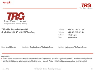 Kontakt	
  


                                                                                                                                                                                                         	
  




TRG	
  –	
  The	
  Reach	
  Group	
  GmbH 	
                           	
                 	
                	
  Telefon	
      	
  +49	
  .	
  40	
  .	
  209	
  311	
  70	
  	
  
Große	
  Elbstraße	
  45	
  .	
  D-­‐22767	
  Hamburg                  	
                 	
                	
  Telefax	
      	
  +49	
  .	
  40	
  .	
  329	
  625	
  44	
  	
  
                  	
              	
            	
                     	
                 	
                	
  E-­‐Mail	
     	
  info@trg.de	
  
                  	
               	
                	
                	
                 	
                	
  Web            	
  www.trg.de	
                                      	
  	
  
	
  
	
  
	
  
Blog	
  	
  	
  reachblog.de        	
  	
  	
  	
  facebook 	
  facebook.com/TheReachGroup                  	
  twiger	
  	
  	
  twiger.com/TheReachGroup	
  
	
  
	
  
	
  
Disclaimer:	
  
§  Die	
  in	
  dieser	
  Präsenta@on	
  dargestellten	
  Daten	
  und	
  Graﬁken	
  sind	
  geis@ges	
  Eigentum	
  der	
  TRG	
  –	
  The	
  Reach	
  Group	
  GmbH	
  	
  
§  Die	
  Vervielfäl@gung,	
  Weitergabe	
  und	
  Veränderung	
  –	
  auch	
  in	
  Teilen	
  –	
  ist	
  ohne	
  Vertragsgrundlage	
  nicht	
  gestaMet	
  



  3.11.2012	
                                                  Strategische	
  Online	
  MarkeIng	
  Beratung	
                                                                                 22	
  
 