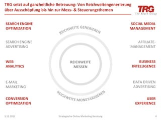 TRG	
  setzt	
  auf	
  ganzheitliche	
  Betreuung:	
  Von	
  Reichweitengenerierung	
  
über	
  Ausschöpfung	
  bis	
  hin	
  zur	
  Mess-­‐	
  &	
  Steuerungsthemen	
  


 SEARCH	
  ENGINE	
                                                                      SOCIAL	
  MEDIA	
  
 OPTIMIZATION	
                                                                          MANAGEMENT	
  


 SEARCH	
  ENGINE	
                                                                         AFFILIATE-­‐	
  
 ADVERTISING	
                                                                           MANAGEMENT	
  


 WEB	
  	
                                      REICHWEITE	
                                  BUSINESS	
  
 ANALYTICS	
                                      MESSEN	
                                INTELLIGENCE	
  


 E-­‐MAIL	
                                                                                DATA	
  DRIVEN	
  
 MARKETING	
                                                                               ADVERTISING	
  

 CONVERSION	
                                                                                     USER	
  
 OPTIMIZATION	
                                                                             EXPERIENCE	
  


3.11.2012	
                         Strategische	
  Online	
  MarkeIng	
  Beratung	
                        4	
  
 