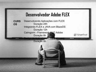 Desenvolvedor Adobe FLEX Desenvolvendo Aplicações com FLEX 		Duração 24h Integrando FLEX e JAVA com BlazeDS 		Duração 12h Cairngorm - Framework MVC Adobe		Duração 8h Design de Aplicativos: CSS e skinning 		Duração 8h CURSOS